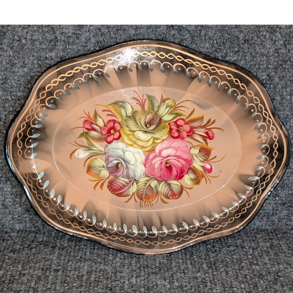 Vintage Small Beige Zhostovo Rose Floral Hand-Painted Scalloped Edge Metal Tray